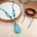 Florideco Bohemian Turquoise Jewelry Set Turquoise Pendant Necklace Turquoise Faux Leather Cuff Bracelet Turquoise Dangle Earrings Vintage Turquoise Knuckle Rings for - Image 8
